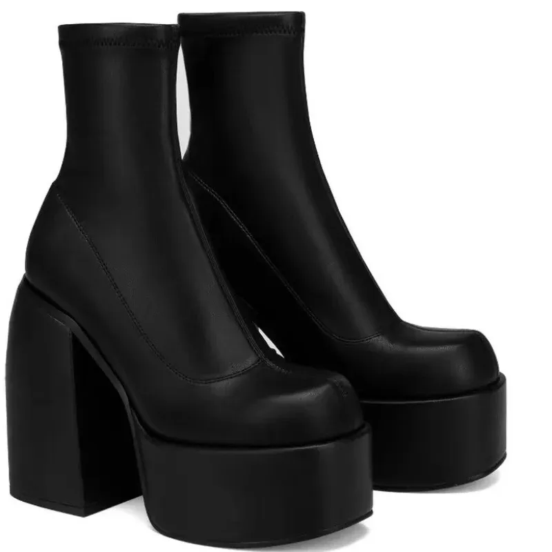 Women's Fashion Short Boots, Sexy Square Toe Leather Ankle Boots with Zipper, Casual Thick-Soled High Heels for Stylish Everyday Wear thumbnail 1