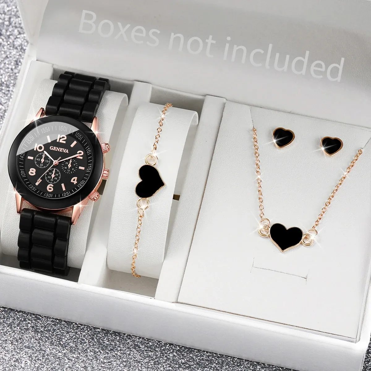Women's Fashion Silicone Band Quartz Watch Jewelry Set - 5PCS Includes Watch, Bracelet, Necklace, 2 Earrings - CE Certified, Durable Alloy & Silicone - Ideal Gift for Girls & Ladies showcase 1