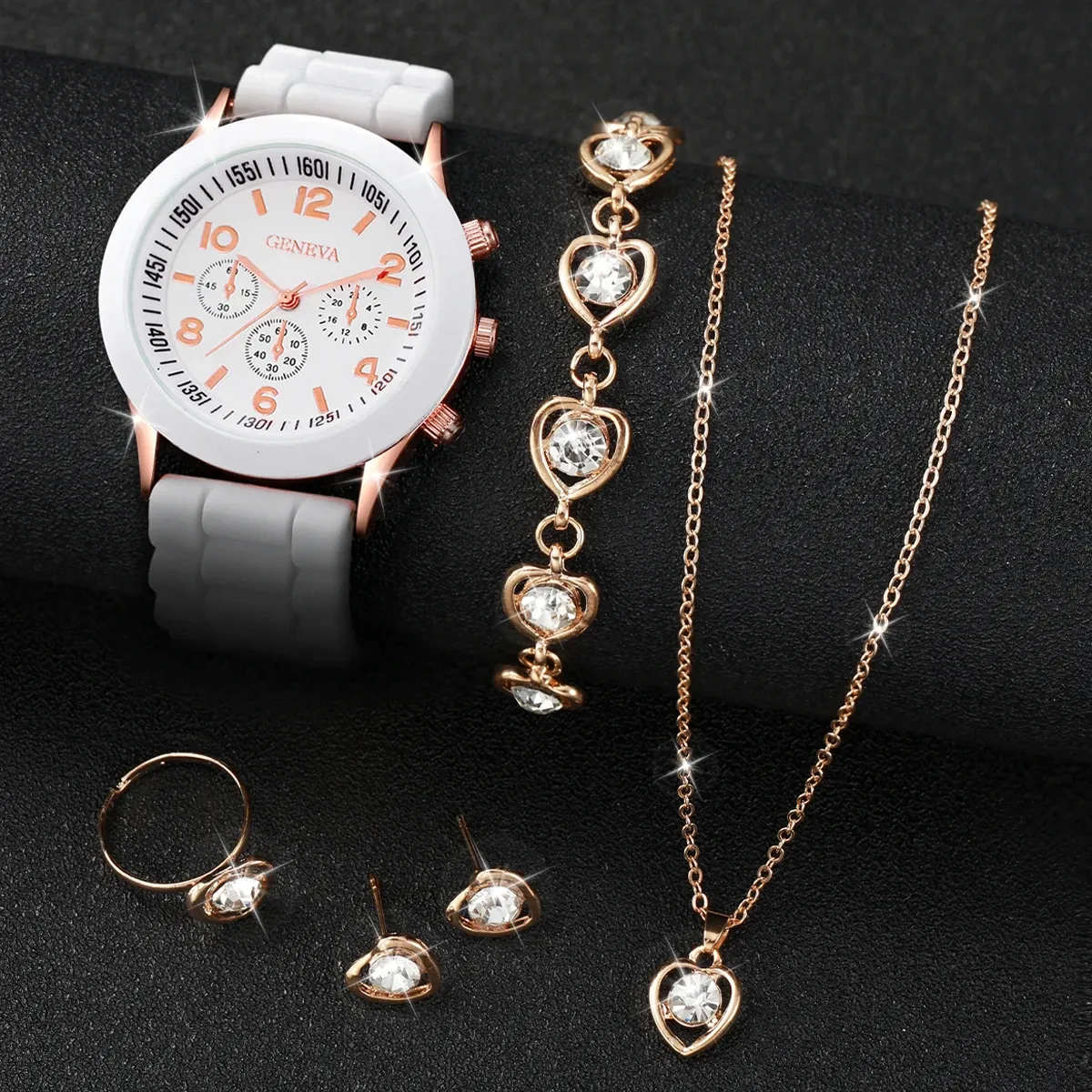 Women's Fashion Silicone Band Quartz Watch Jewelry Set - 5PCS Includes Watch, Bracelet, Necklace, 2 Earrings - CE Certified, Durable Alloy & Silicone - Ideal Gift for Girls & Ladies showcase 17