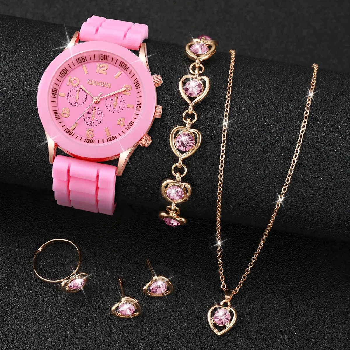Women's Fashion Silicone Band Quartz Watch Jewelry Set - 5PCS Includes Watch, Bracelet, Necklace, 2 Earrings - CE Certified, Durable Alloy & Silicone - Ideal Gift for Girls & Ladies showcase 18