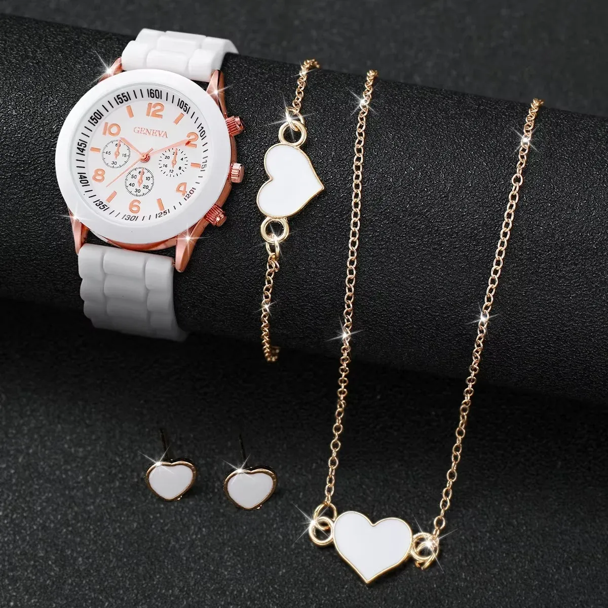 Women's Fashion Silicone Band Quartz Watch Jewelry Set - 5PCS Includes Watch, Bracelet, Necklace, 2 Earrings - CE Certified, Durable Alloy & Silicone - Ideal Gift for Girls & Ladies showcase 12