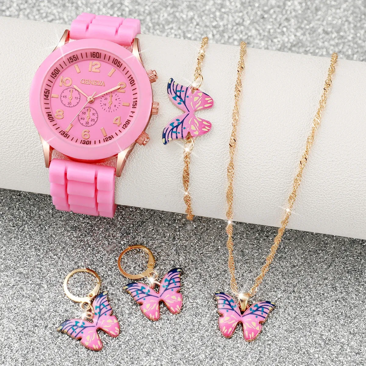 Women's Fashion Silicone Band Quartz Watch Jewelry Set - 5PCS Includes Watch, Bracelet, Necklace, 2 Earrings - CE Certified, Durable Alloy & Silicone - Ideal Gift for Girls & Ladies showcase 19