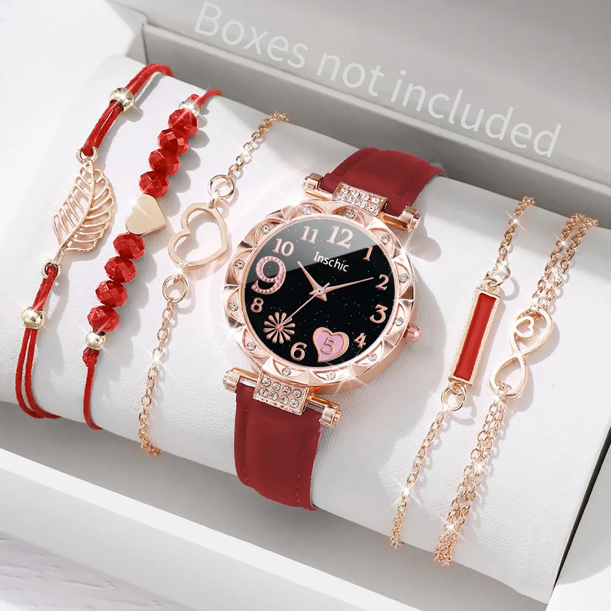 Luxury Women's Watch & Bracelet Set - 6pcs Fashion Rhinestone Leather Band Quartz Timepiece for Elegant Ladies thumbnail 1