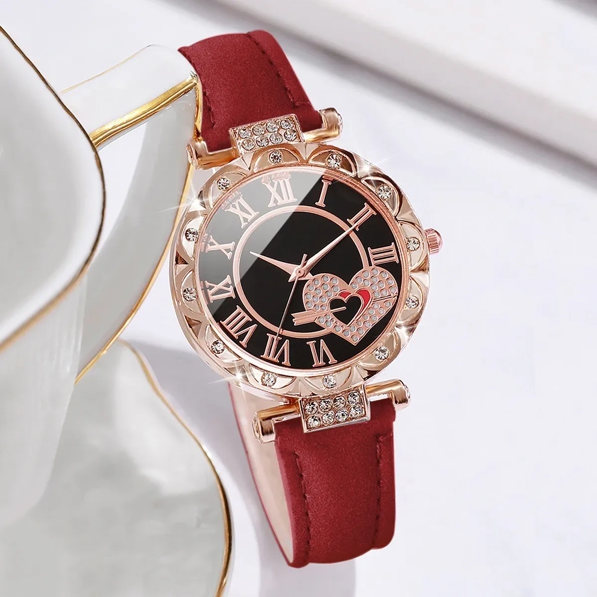 Luxury Women's Watch & Bracelet Set - 6pcs Fashion Rhinestone Leather Band Quartz Timepiece for Elegant Ladies showcase 17