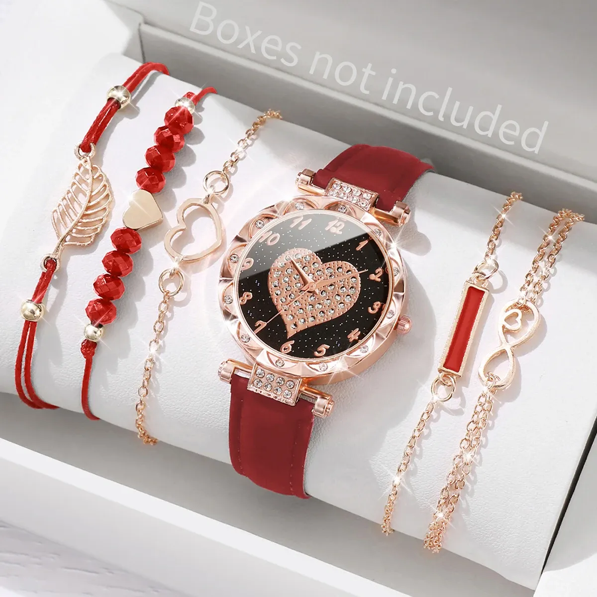 Luxury Women's Watch & Bracelet Set - 6pcs Fashion Rhinestone Leather Band Quartz Timepiece for Elegant Ladies thumbnail 4