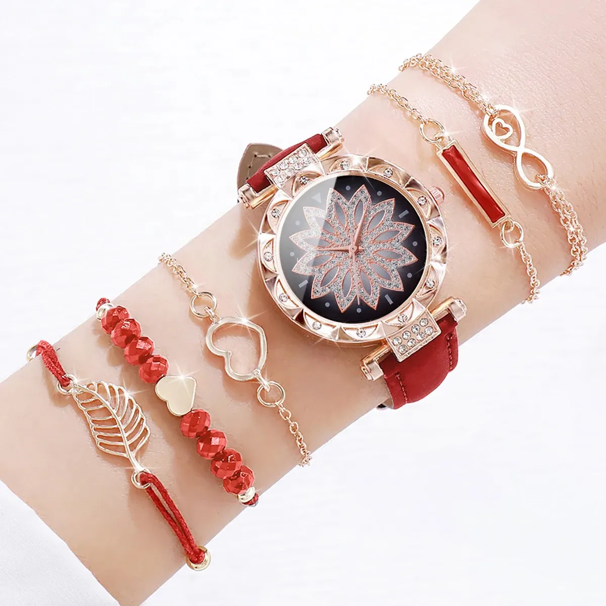 Luxury Women's Watch & Bracelet Set - 6pcs Fashion Rhinestone Leather Band Quartz Timepiece for Elegant Ladies showcase 14