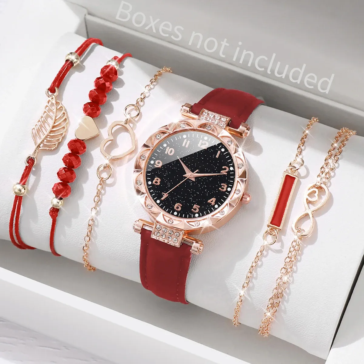 Luxury Women's Watch & Bracelet Set - 6pcs Fashion Rhinestone Leather Band Quartz Timepiece for Elegant Ladies showcase 6