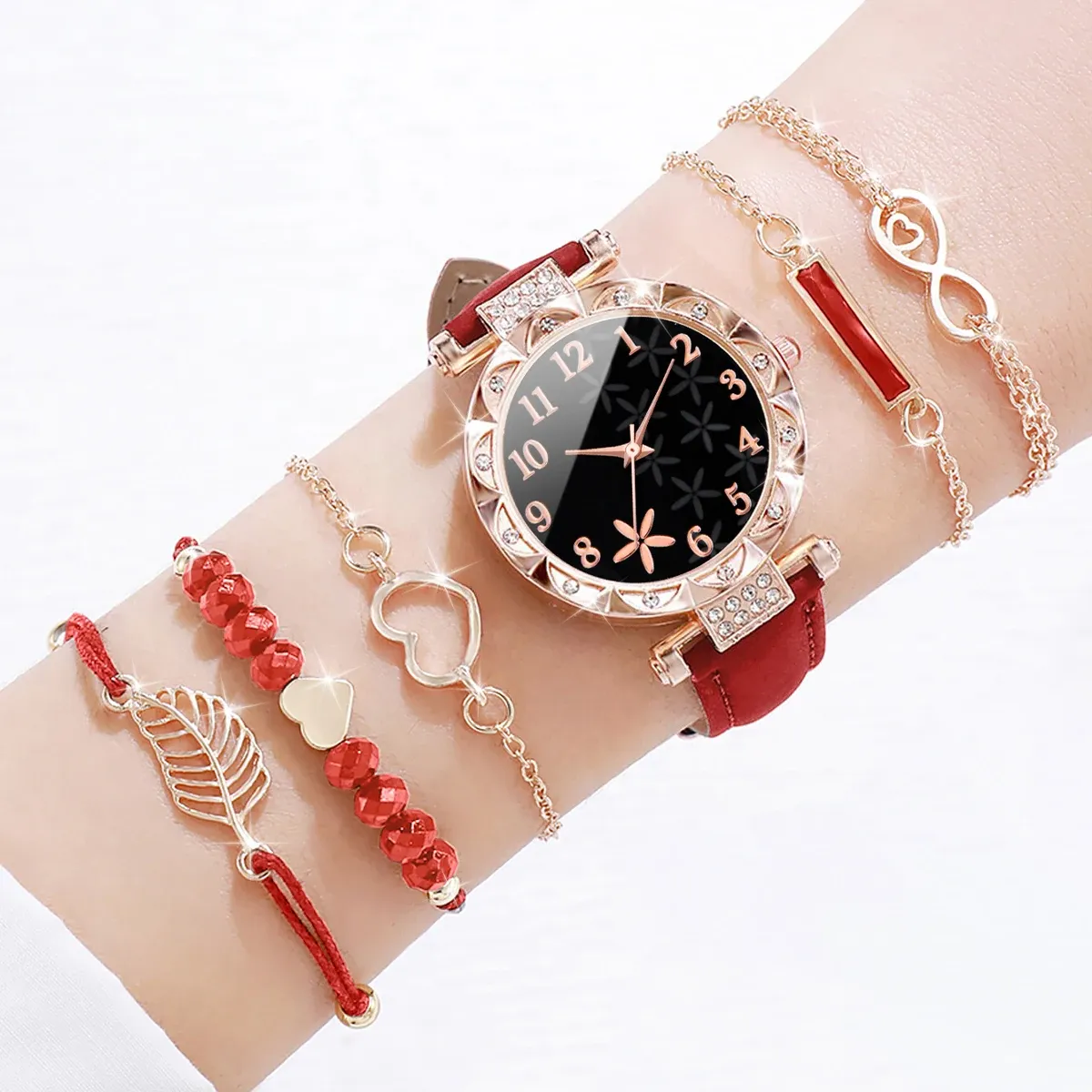 Luxury Women's Watch & Bracelet Set - 6pcs Fashion Rhinestone Leather Band Quartz Timepiece for Elegant Ladies showcase 12