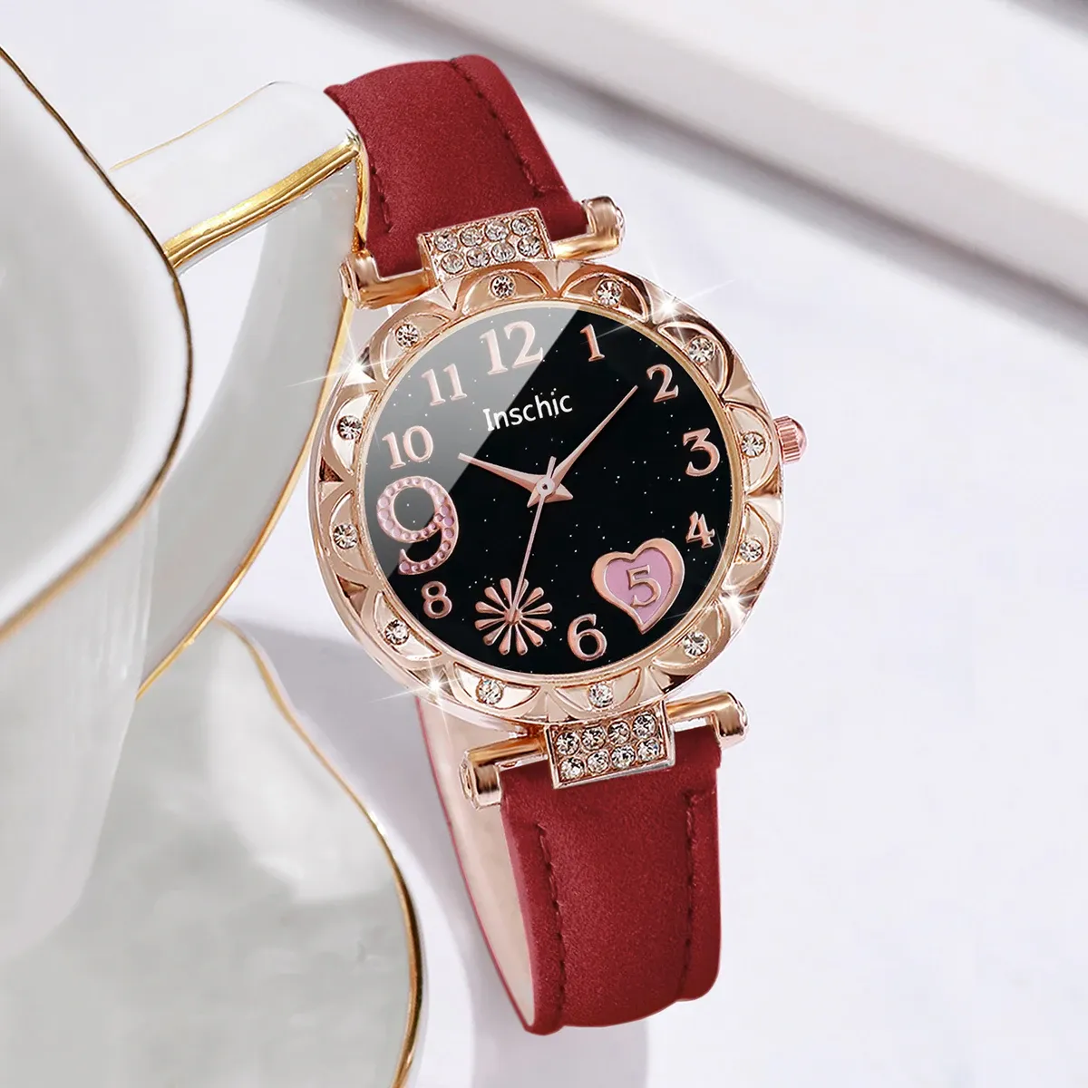 Luxury Women's Watch & Bracelet Set - 6pcs Fashion Rhinestone Leather Band Quartz Timepiece for Elegant Ladies showcase 16