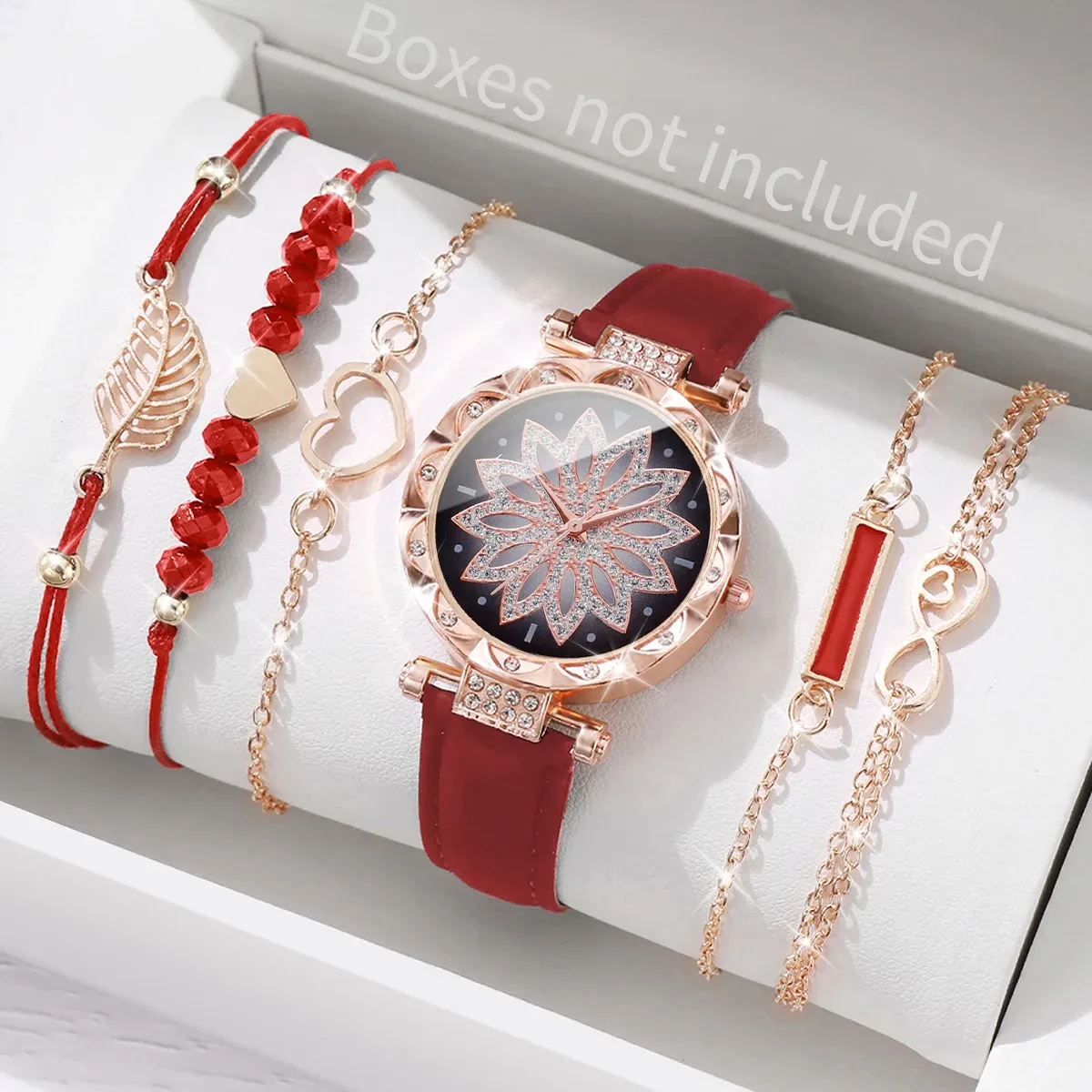Luxury Women's Watch & Bracelet Set - 6pcs Fashion Rhinestone Leather Band Quartz Timepiece for Elegant Ladies showcase 7