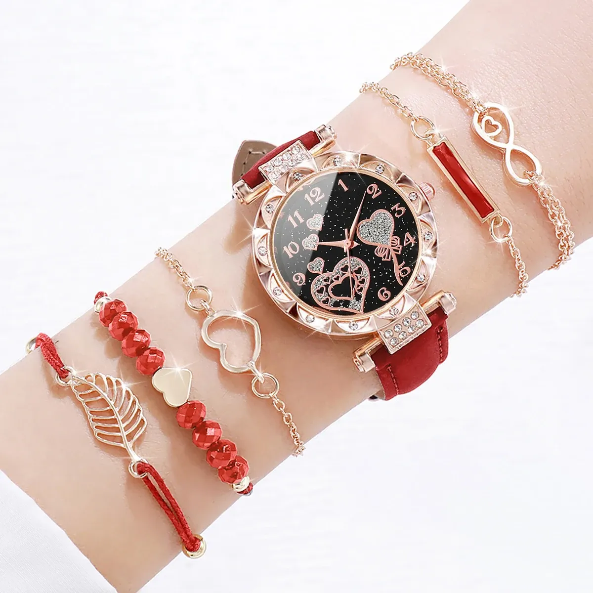 Luxury Women's Watch & Bracelet Set - 6pcs Fashion Rhinestone Leather Band Quartz Timepiece for Elegant Ladies showcase 8