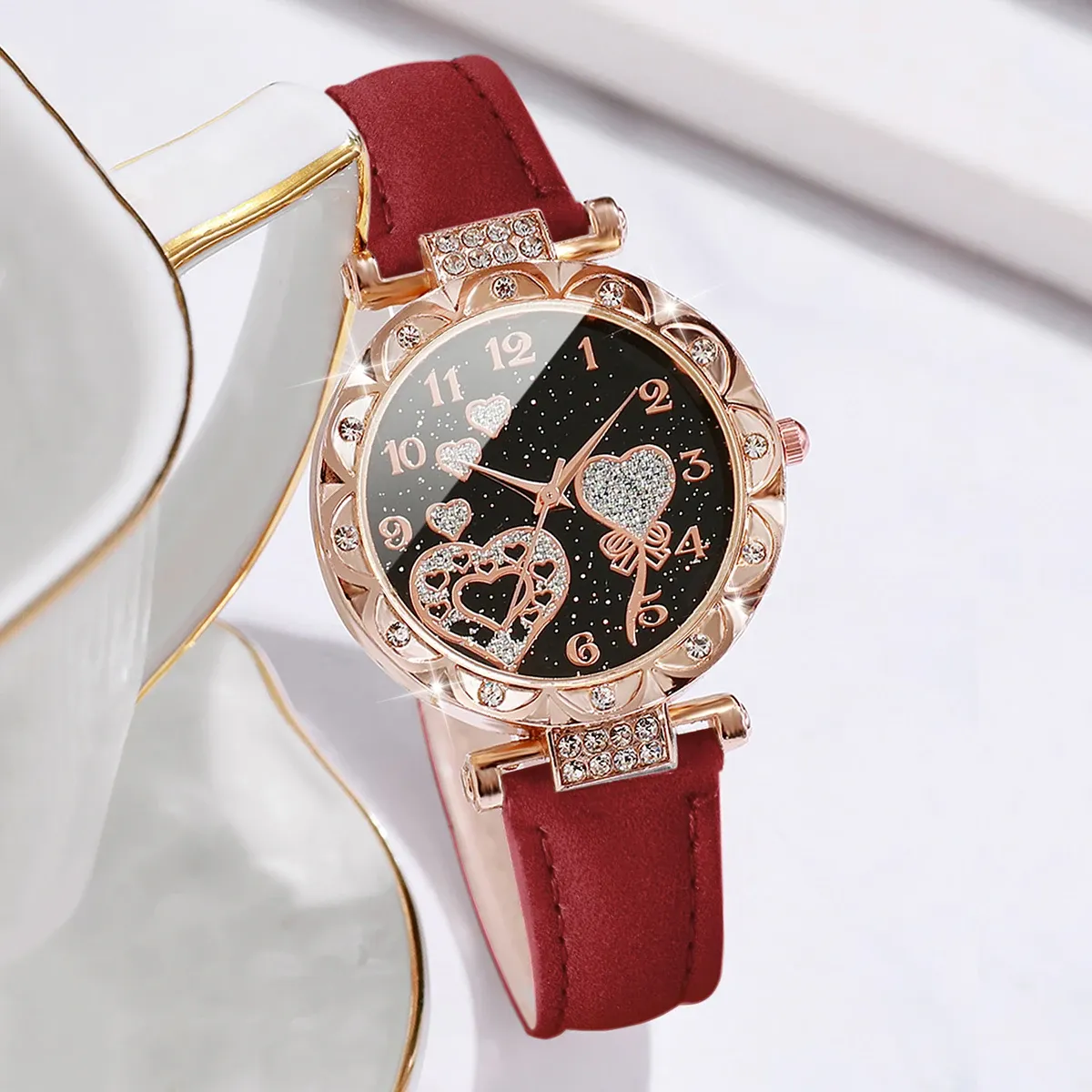Luxury Women's Watch & Bracelet Set - 6pcs Fashion Rhinestone Leather Band Quartz Timepiece for Elegant Ladies showcase 15
