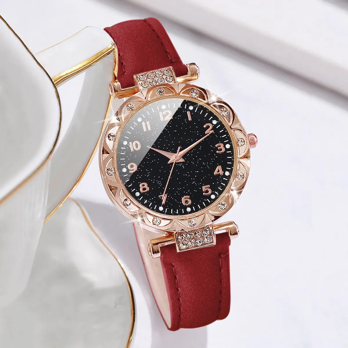 Luxury Women's Watch & Bracelet Set - 6pcs Fashion Rhinestone Leather Band Quartz Timepiece for Elegant Ladies showcase 20