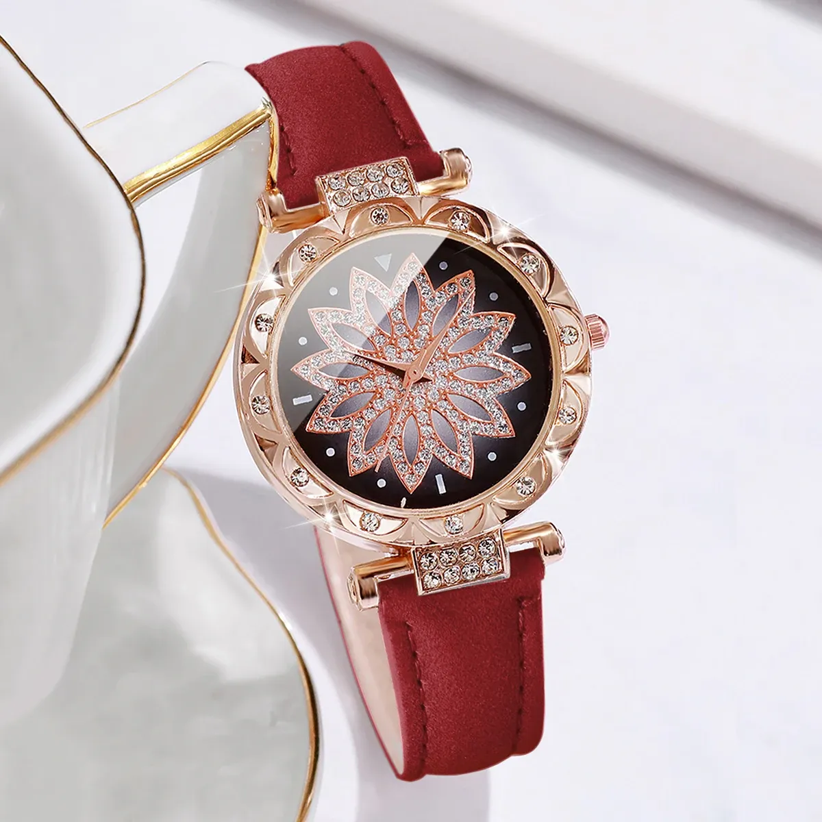 Luxury Women's Watch & Bracelet Set - 6pcs Fashion Rhinestone Leather Band Quartz Timepiece for Elegant Ladies showcase 21