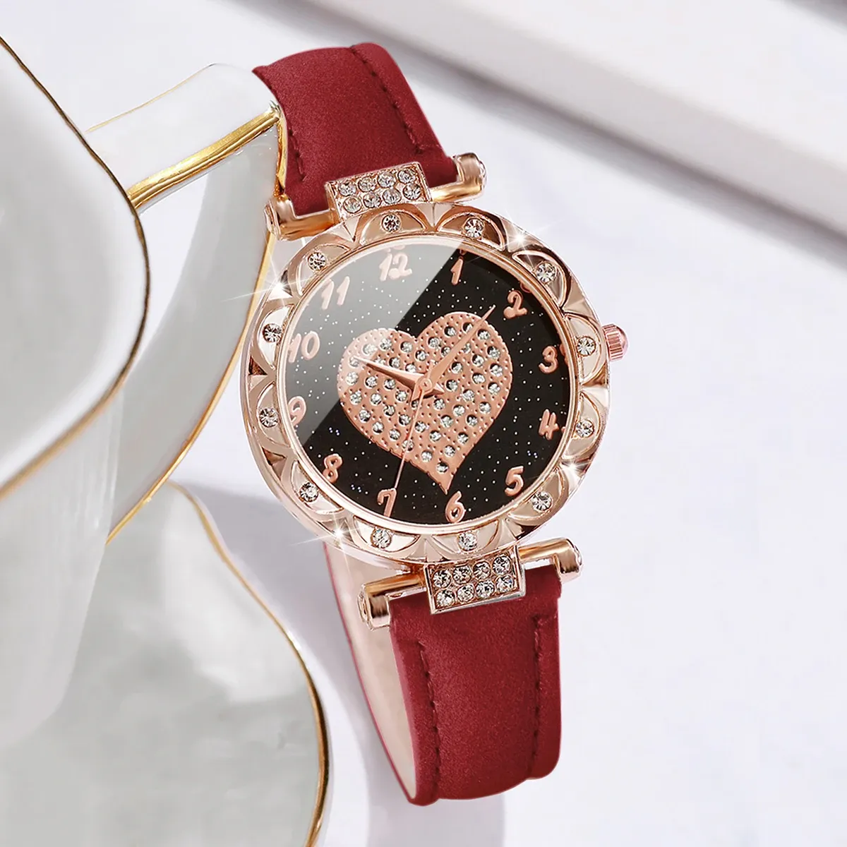 Luxury Women's Watch & Bracelet Set - 6pcs Fashion Rhinestone Leather Band Quartz Timepiece for Elegant Ladies showcase 18