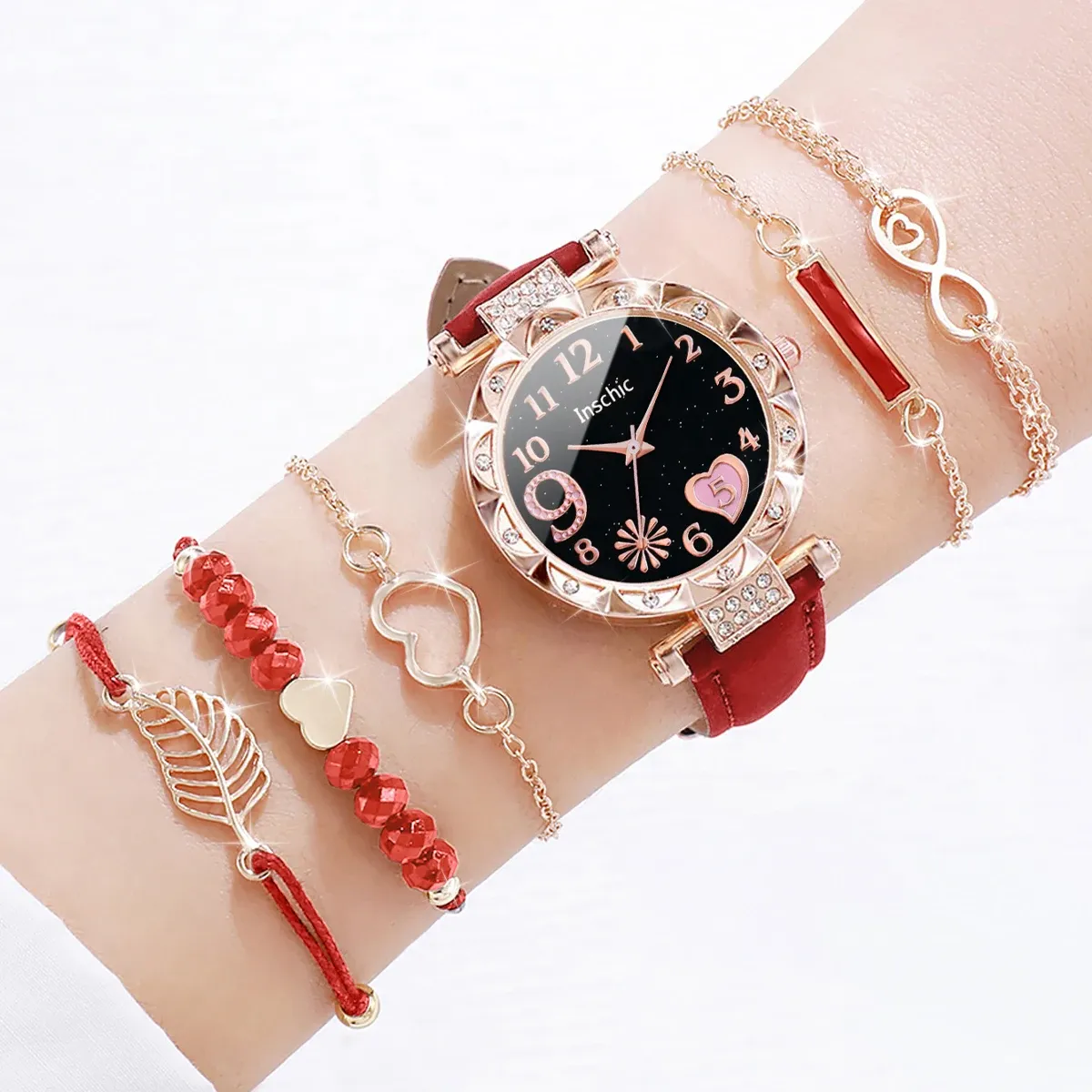 Luxury Women's Watch & Bracelet Set - 6pcs Fashion Rhinestone Leather Band Quartz Timepiece for Elegant Ladies showcase 9