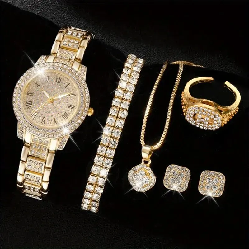 Luxury Women's Watch Set: 6 Elegant Alloy Crystal Rhinestone Bracelets for Ladies, Quartz Movement, Perfect Gift for Any Occasion thumbnail 3