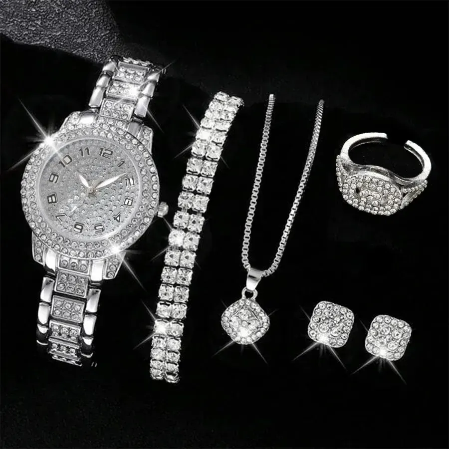 Luxury Women's Watch Set: 6 Elegant Alloy Crystal Rhinestone Bracelets for Ladies, Quartz Movement, Perfect Gift for Any Occasion thumbnail 2