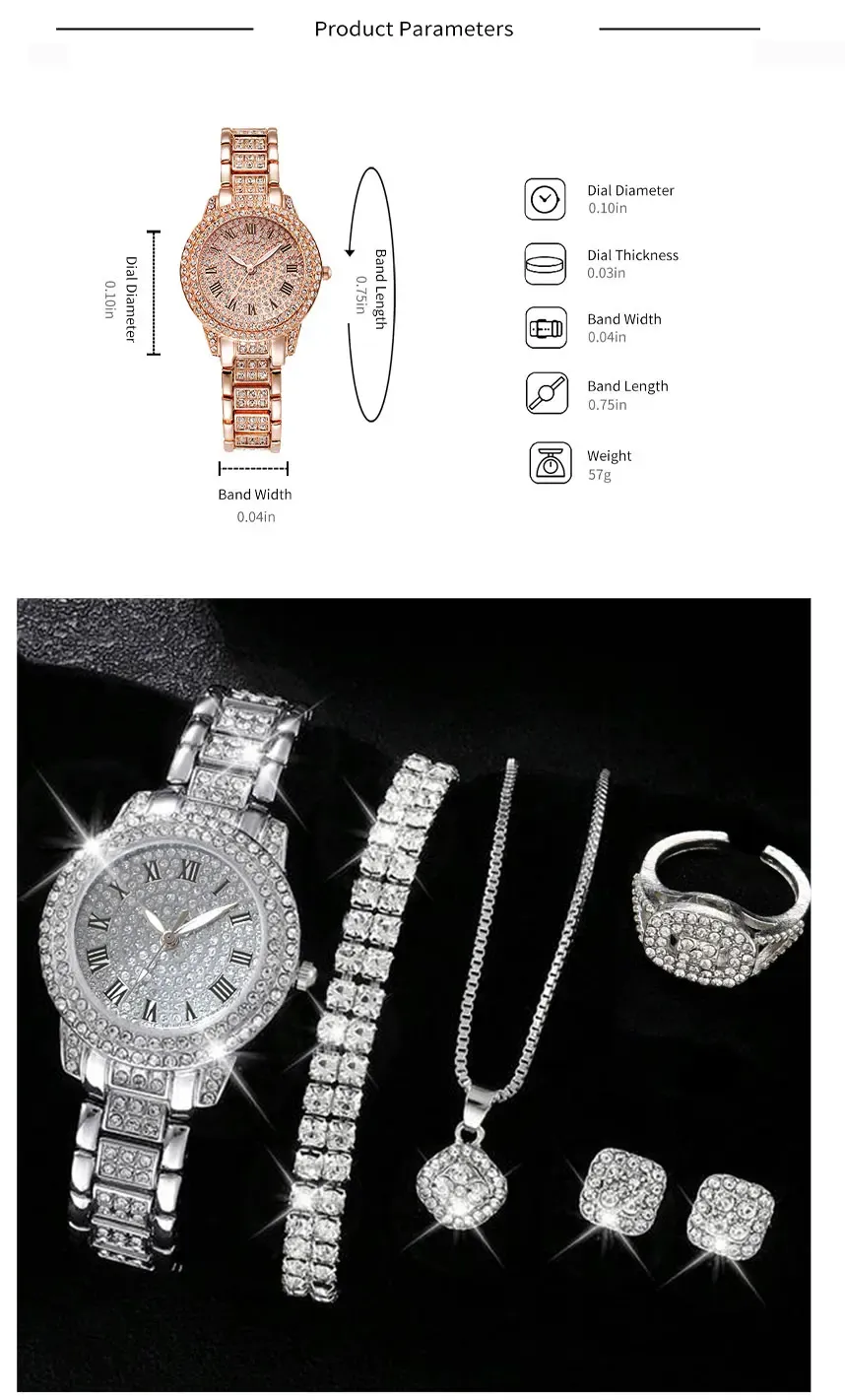 Luxury Women's Watch Set: 6 Elegant Alloy Crystal Rhinestone Bracelets for Ladies, Quartz Movement, Perfect Gift for Any Occasion showcase 2