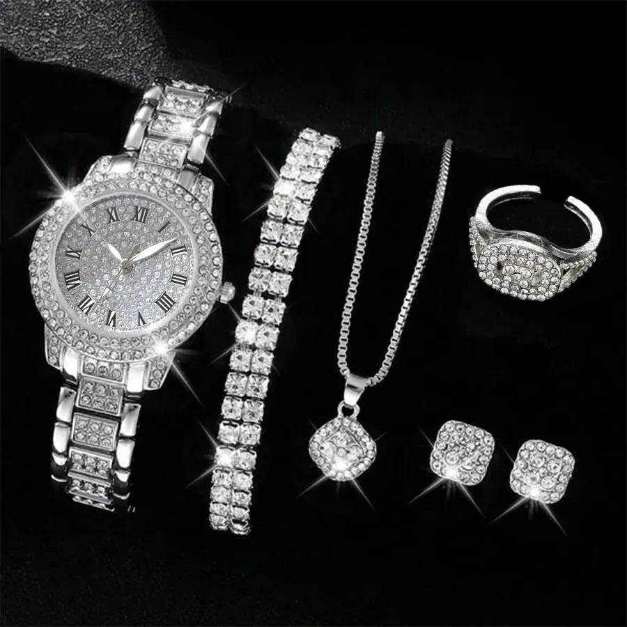 Luxury Women's Watch Set: 6 Elegant Alloy Crystal Rhinestone Bracelets for Ladies, Quartz Movement, Perfect Gift for Any Occasion thumbnail 1