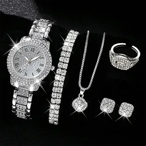 Luxury Women's Watch Set: 6 Elegant Alloy Crystal Rhinestone Bracelets for Ladies, Quartz Movement, Perfect Gift for Any Occasion