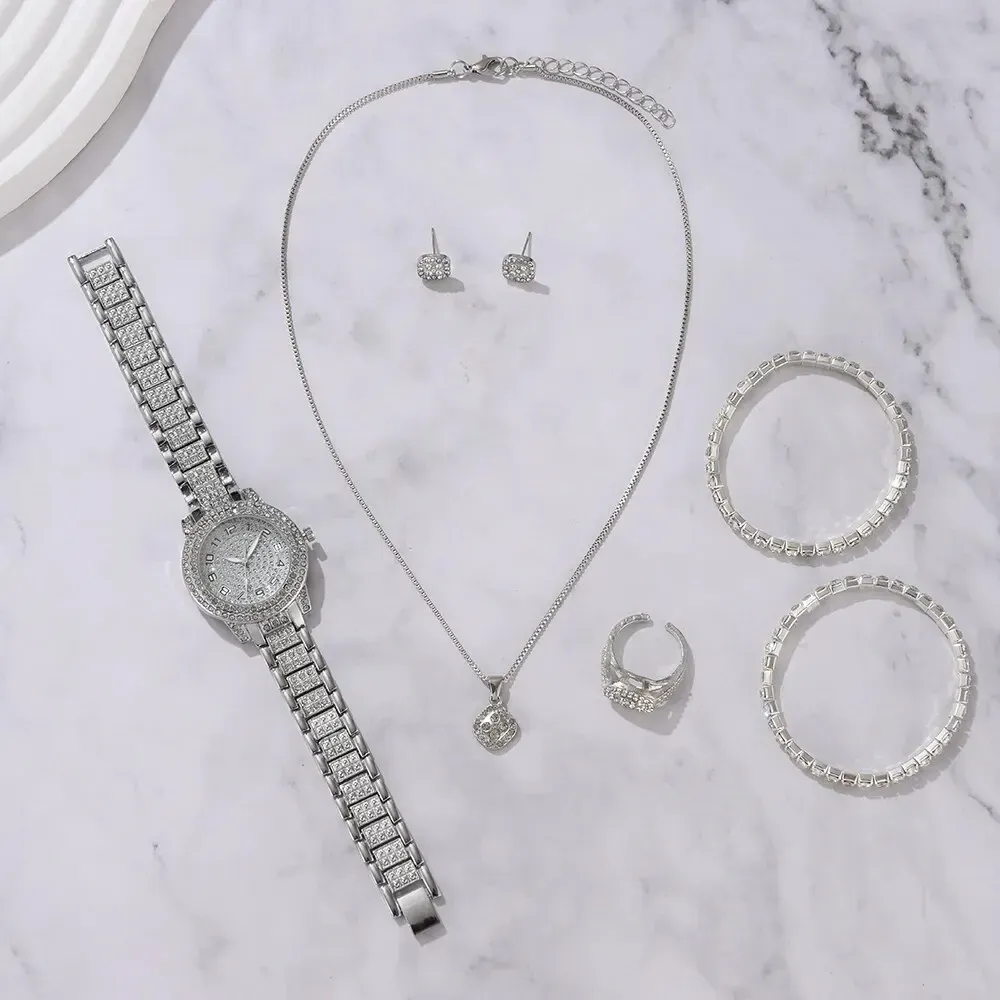 Luxury Women's Watch Set: 6 Elegant Alloy Crystal Rhinestone Bracelets for Ladies, Quartz Movement, Perfect Gift for Any Occasion thumbnail 4