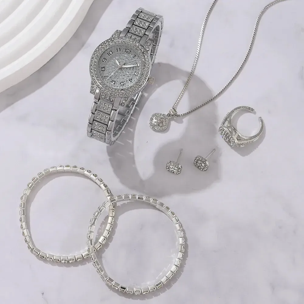 Luxury Women's Watch Set: 6 Elegant Alloy Crystal Rhinestone Bracelets for Ladies, Quartz Movement, Perfect Gift for Any Occasion thumbnail 5