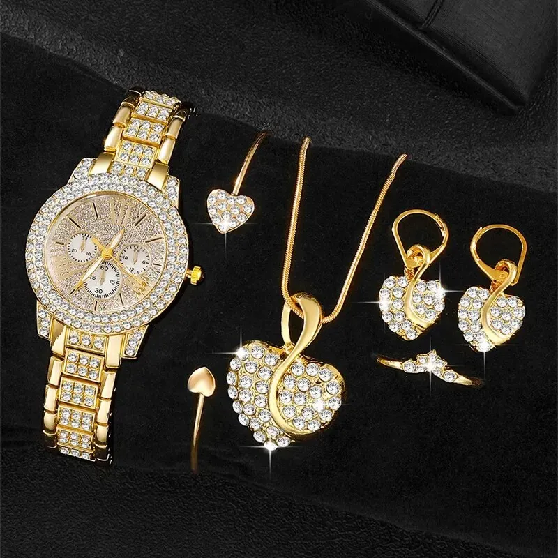 Women's Luxury Rhinestone Watch Jewelry Set - Gold Stainless Steel Quartz Fashion Wristwatch with Ring, Necklace, Earrings thumbnail 1