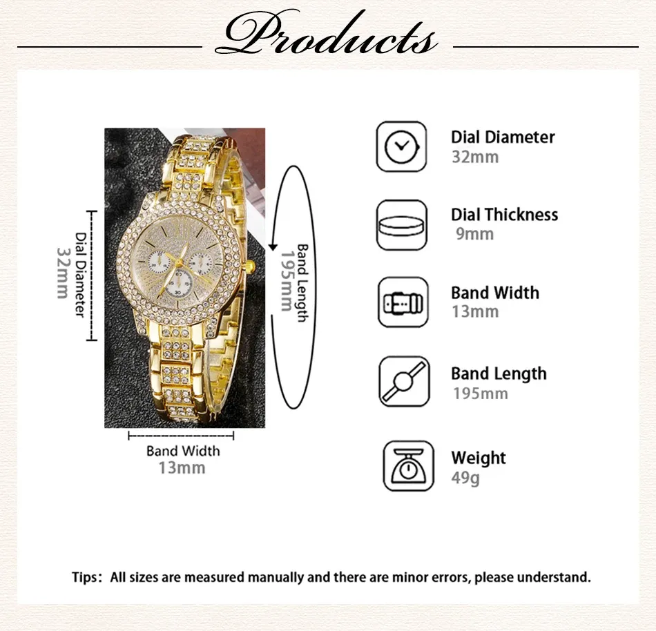 Women's Luxury Rhinestone Watch Jewelry Set - Gold Stainless Steel Quartz Fashion Wristwatch with Ring, Necklace, Earrings showcase 2