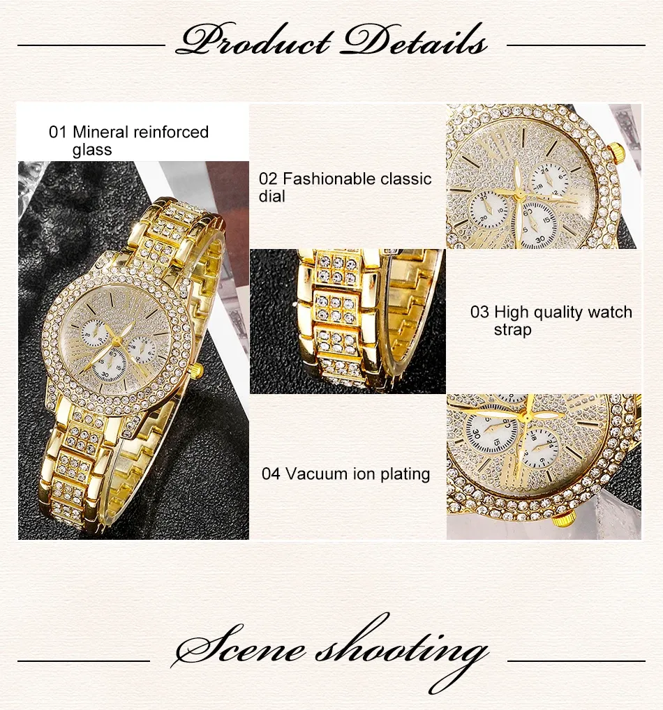 Women's Luxury Rhinestone Watch Jewelry Set - Gold Stainless Steel Quartz Fashion Wristwatch with Ring, Necklace, Earrings showcase 5