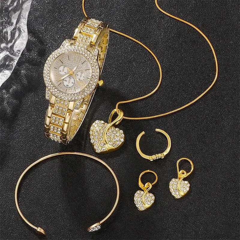Women's Luxury Rhinestone Watch Jewelry Set - Gold Stainless Steel Quartz Fashion Wristwatch with Ring, Necklace, Earrings thumbnail 2
