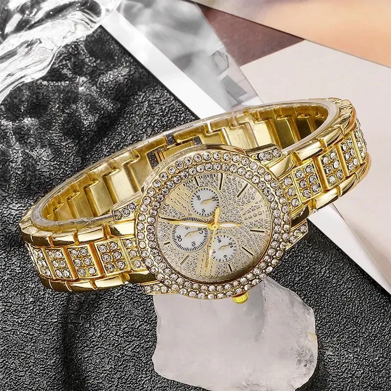 Women's Luxury Rhinestone Watch Jewelry Set - Gold Stainless Steel Quartz Fashion Wristwatch with Ring, Necklace, Earrings thumbnail 6