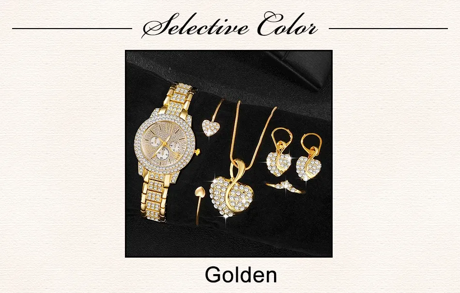 Women's Luxury Rhinestone Watch Jewelry Set - Gold Stainless Steel Quartz Fashion Wristwatch with Ring, Necklace, Earrings showcase 10