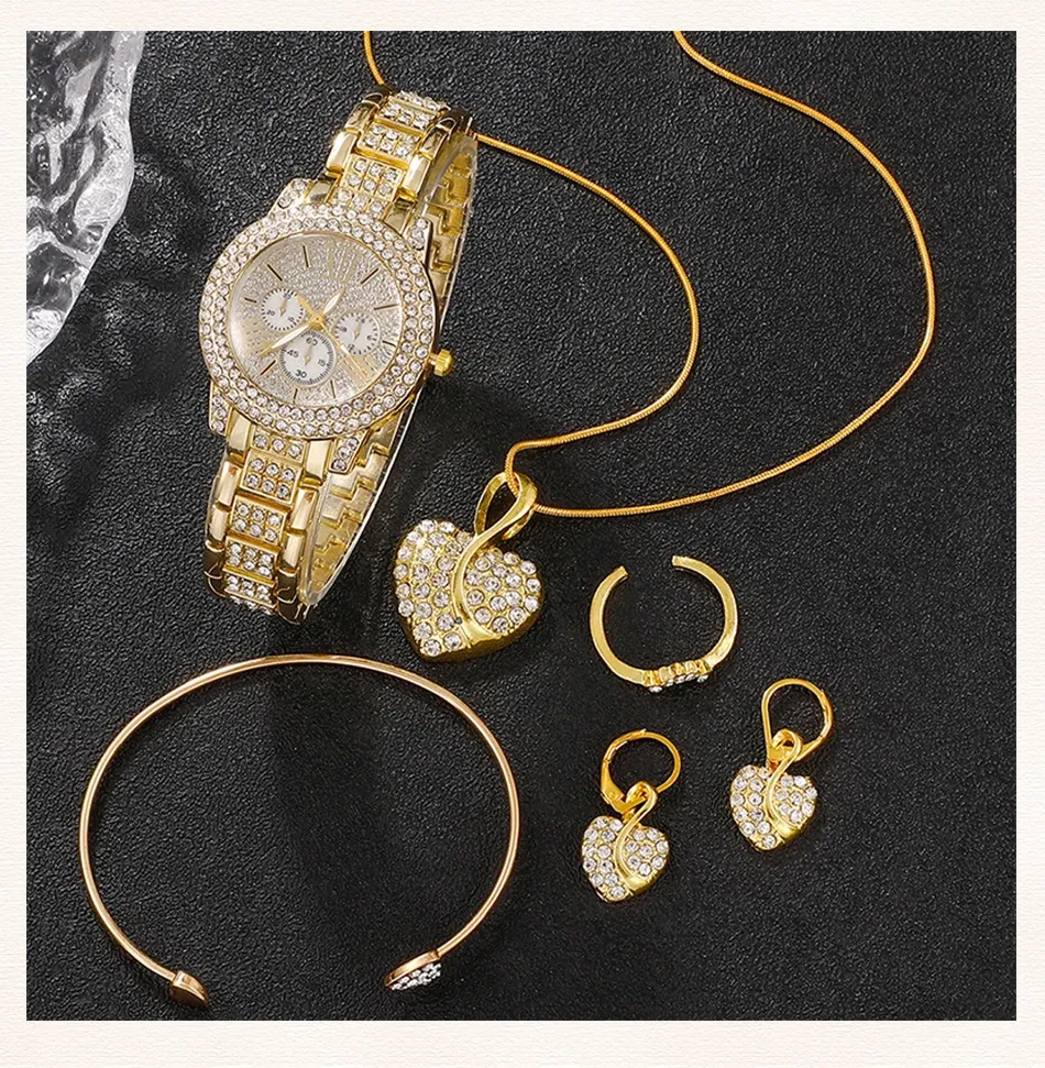 Women's Luxury Rhinestone Watch Jewelry Set - Gold Stainless Steel Quartz Fashion Wristwatch with Ring, Necklace, Earrings showcase 3
