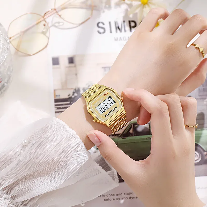 Luxury Rose Gold Digital Watch for Men & Women - Retro Style Electronic LED Display, Stainless Steel/Silicone Band, Shock Resistant, Life Waterproof showcase 2