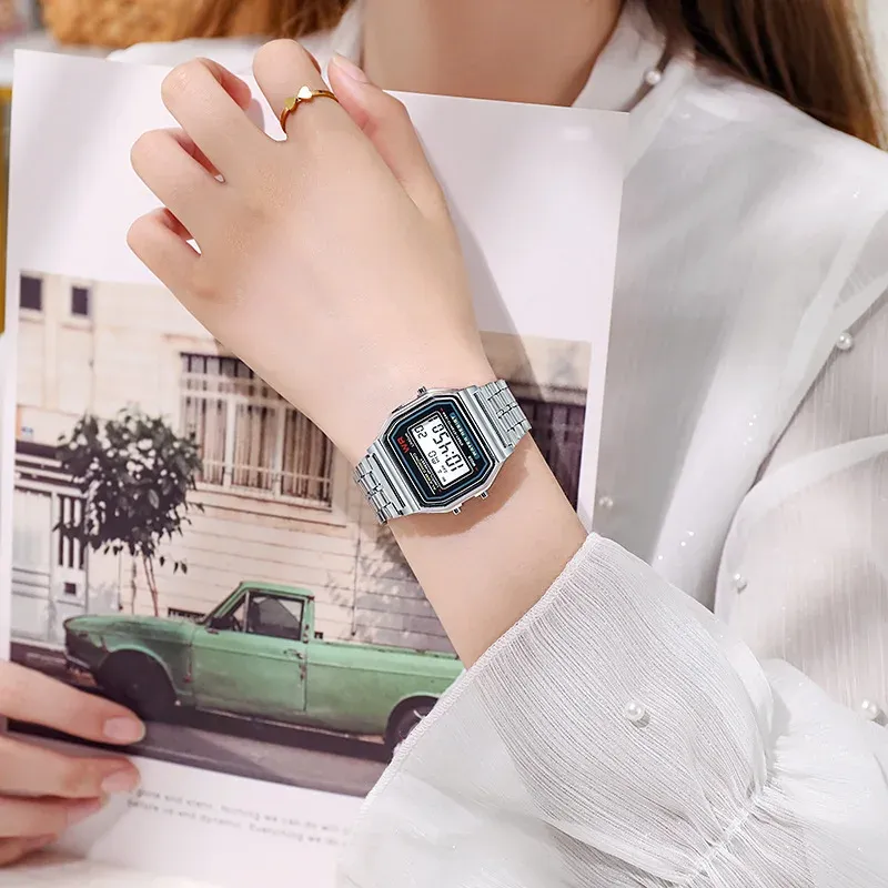 Luxury Rose Gold Digital Watch for Men & Women - Retro Style Electronic LED Display, Stainless Steel/Silicone Band, Shock Resistant, Life Waterproof thumbnail 3