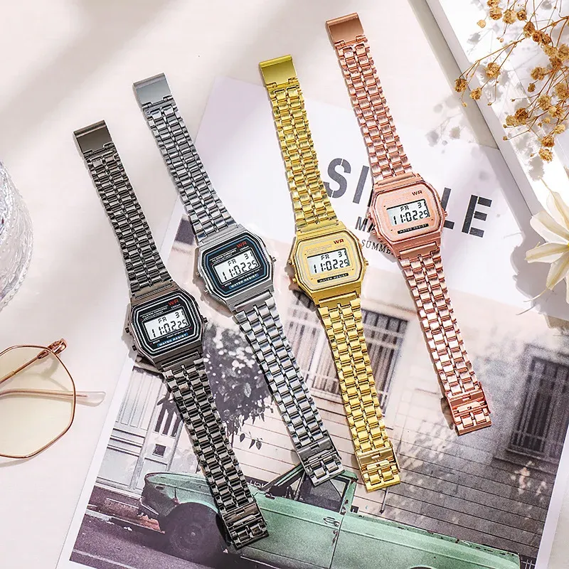 Luxury Rose Gold Digital Watch for Men & Women - Retro Style Electronic LED Display, Stainless Steel/Silicone Band, Shock Resistant, Life Waterproof showcase 1
