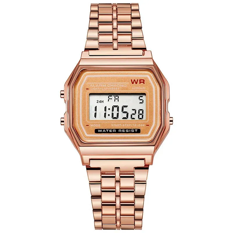 Luxury Rose Gold Digital Watch for Men & Women - Retro Style Electronic LED Display, Stainless Steel/Silicone Band, Shock Resistant, Life Waterproof thumbnail 4