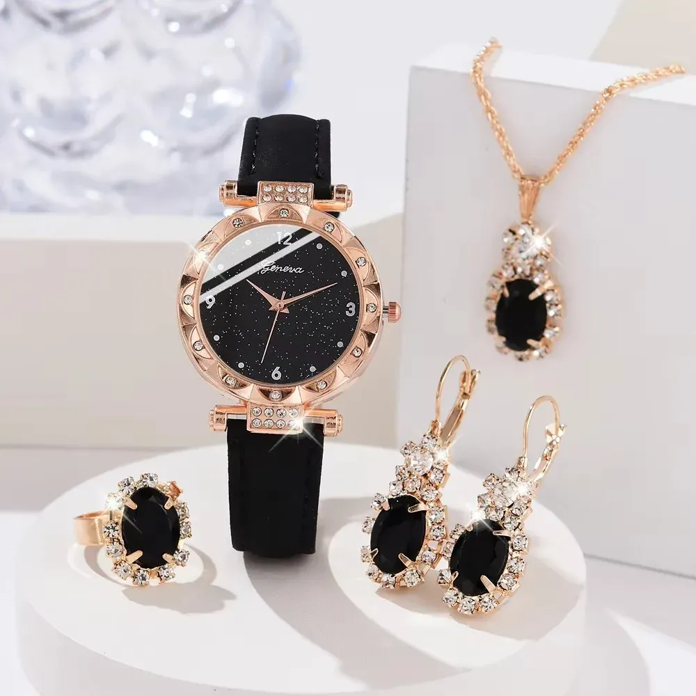 Luxury Rhinestone Women's Watch Set 5Pcs - Elegant Round Case Quartz Watch with Leather Band, Fashionable Casual Style for Girls, Perfect Gift thumbnail 1