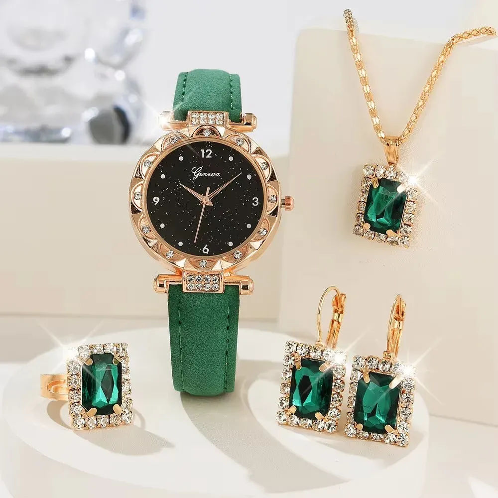 Luxury Rhinestone Women's Watch Set 5Pcs - Elegant Round Case Quartz Watch with Leather Band, Fashionable Casual Style for Girls, Perfect Gift showcase 2