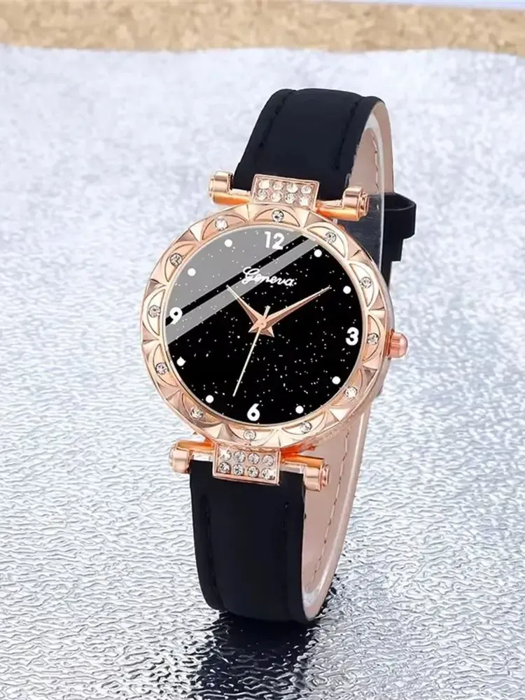 Luxury Rhinestone Women's Watch Set 5Pcs - Elegant Round Case Quartz Watch with Leather Band, Fashionable Casual Style for Girls, Perfect Gift showcase 6