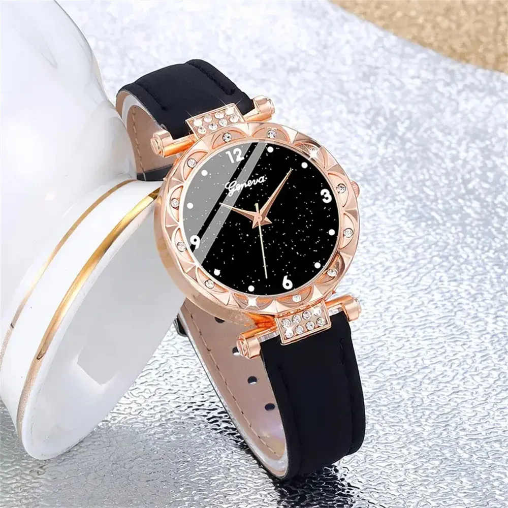 Luxury Rhinestone Women's Watch Set 5Pcs - Elegant Round Case Quartz Watch with Leather Band, Fashionable Casual Style for Girls, Perfect Gift showcase 5