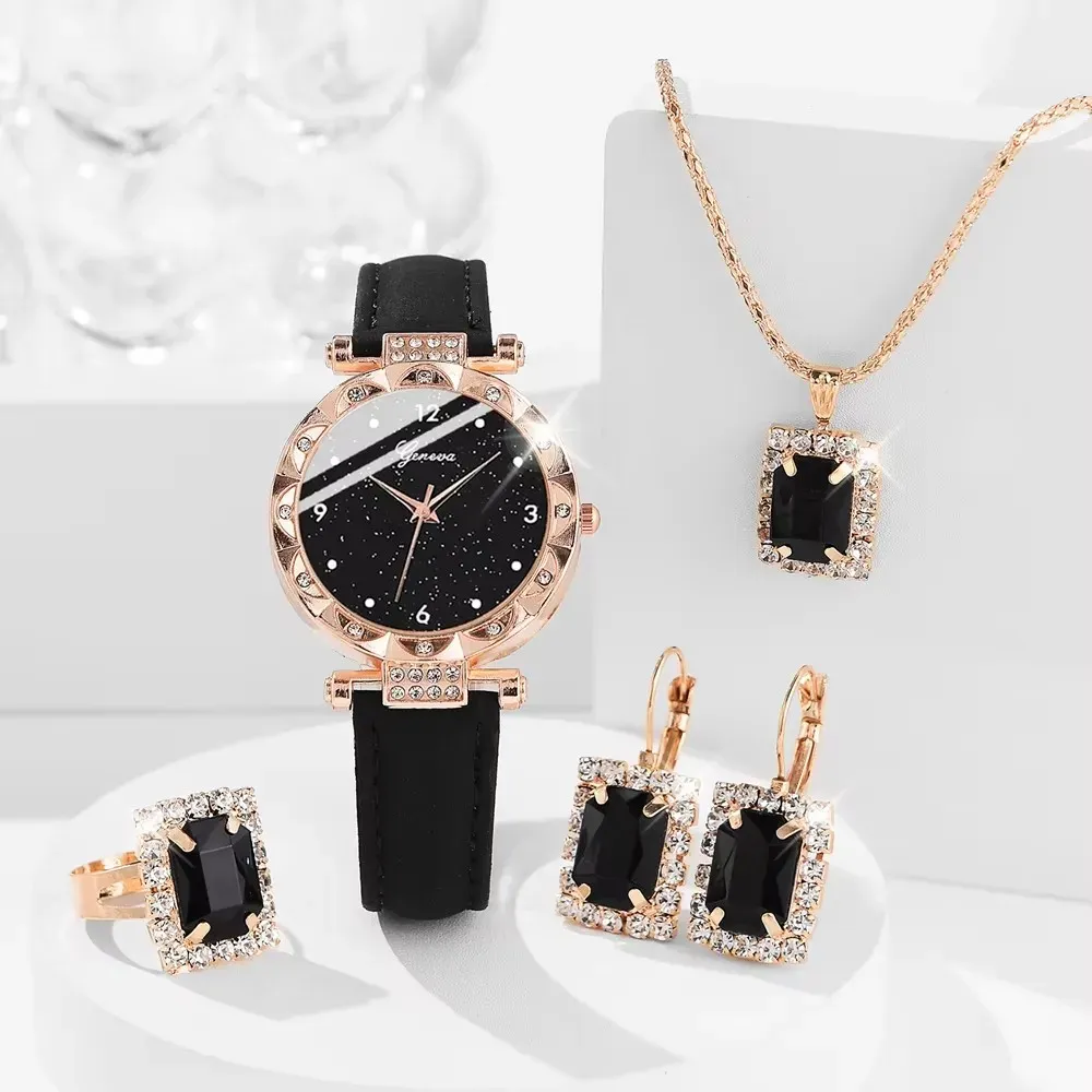Luxury Rhinestone Women's Watch Set 5Pcs - Elegant Round Case Quartz Watch with Leather Band, Fashionable Casual Style for Girls, Perfect Gift showcase 4