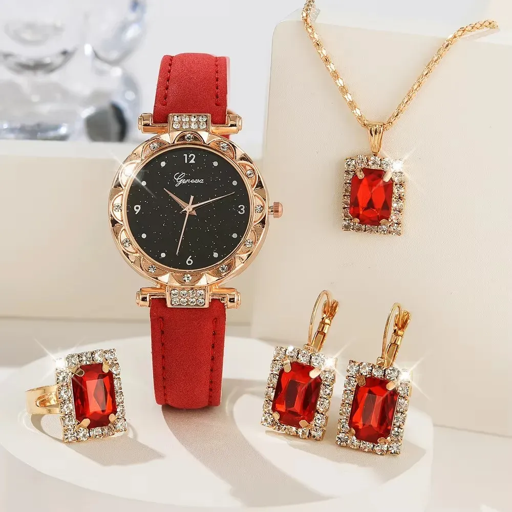 Luxury Rhinestone Women's Watch Set 5Pcs - Elegant Round Case Quartz Watch with Leather Band, Fashionable Casual Style for Girls, Perfect Gift showcase 1