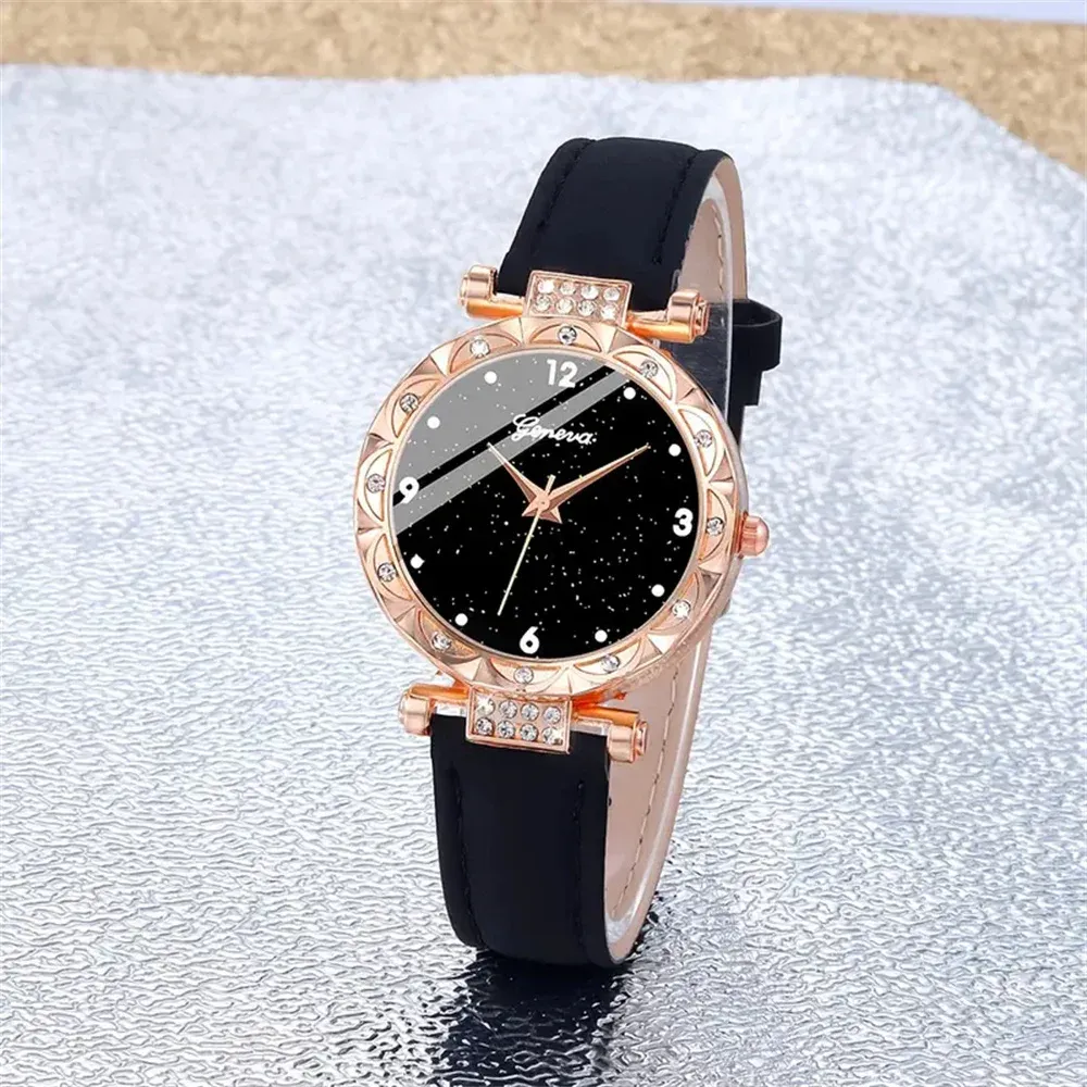 Luxury Rhinestone Women's Watch Set 5Pcs - Elegant Round Case Quartz Watch with Leather Band, Fashionable Casual Style for Girls, Perfect Gift thumbnail 5
