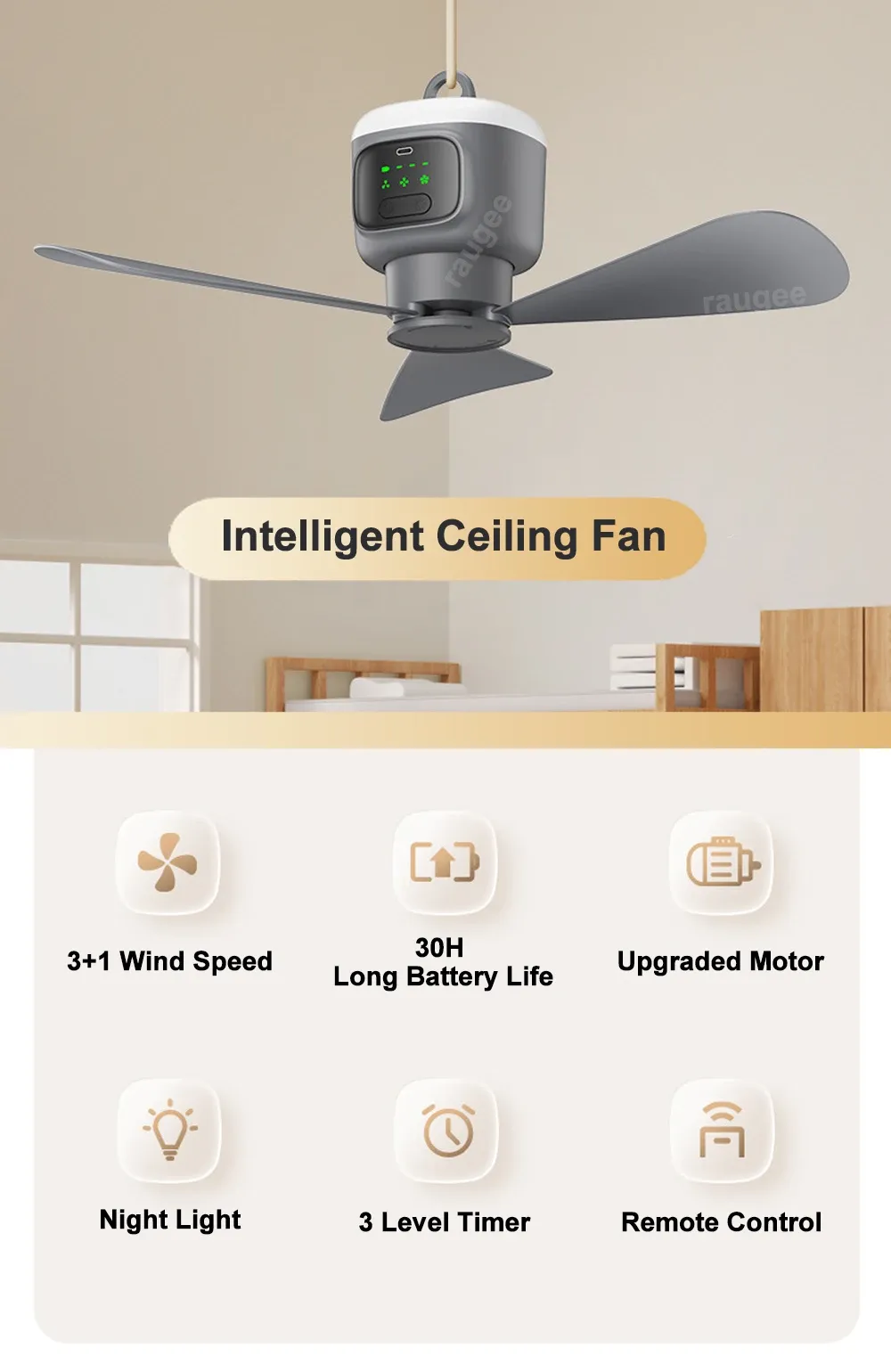 12000mAh Rechargeable Ceiling Fan with LED Light & Remote - Portable Outdoor Camping Tent Air Circulator Cooler, 450mm Blades, 30H Battery Life, Auto-Stop Safety Feature showcase 1