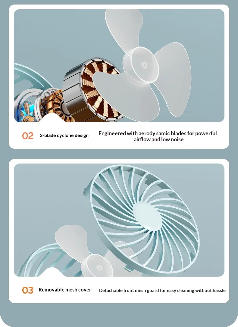HOMEFISH Portable Rechargeable Clip Fan with 720° Rotation, Night Light, USB Charging - Ideal for Outdoor Camping, Office, Study showcase 11