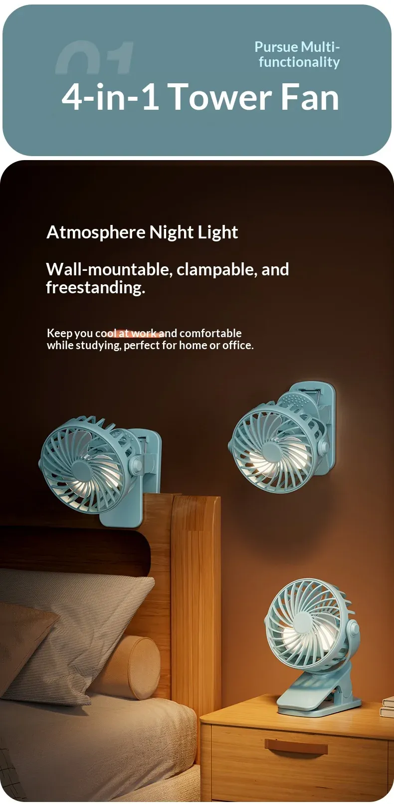 HOMEFISH Portable Rechargeable Clip Fan with 720° Rotation, Night Light, USB Charging - Ideal for Outdoor Camping, Office, Study showcase 6