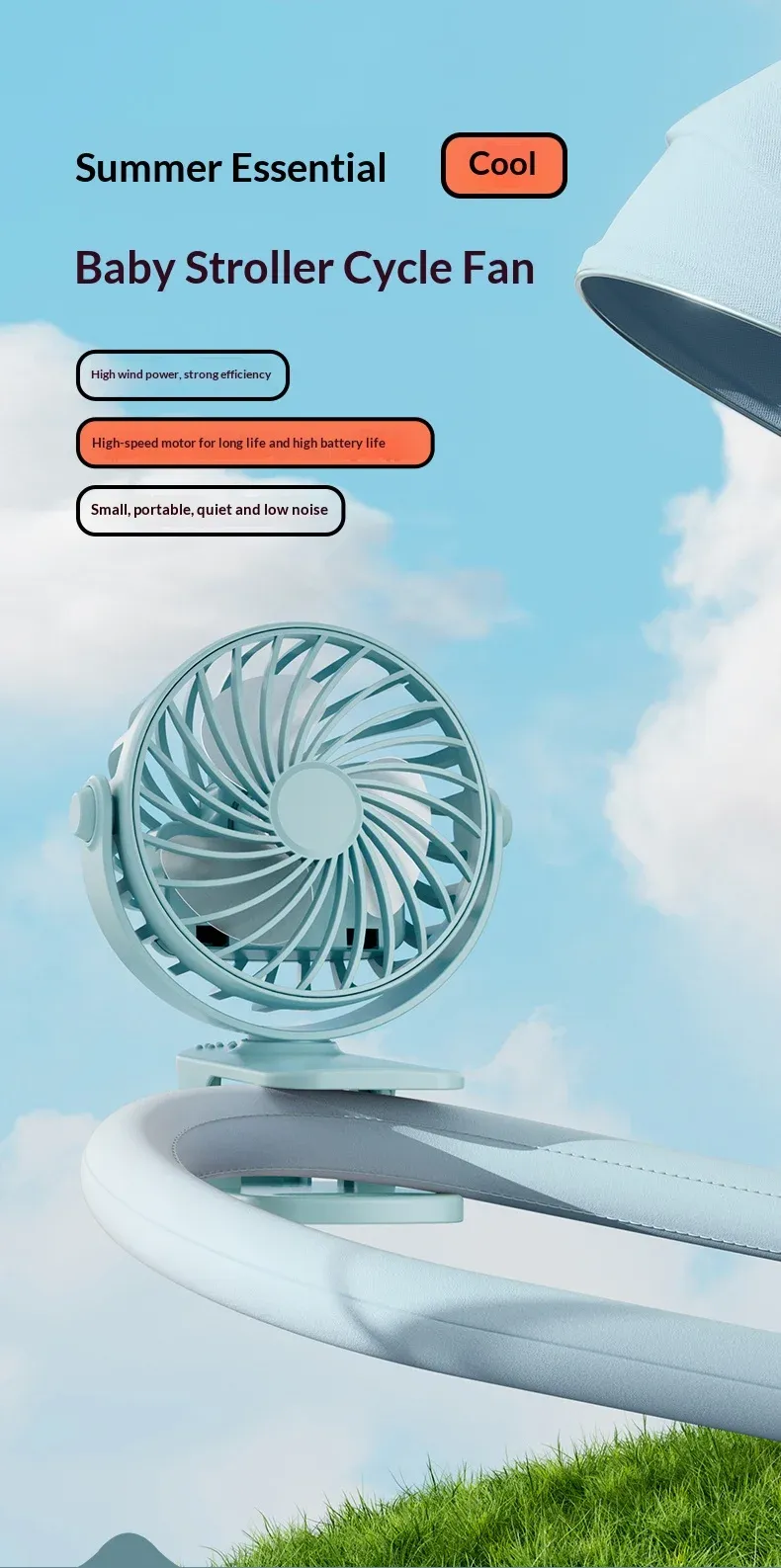 HOMEFISH Portable Rechargeable Clip Fan with 720° Rotation, Night Light, USB Charging - Ideal for Outdoor Camping, Office, Study showcase 1