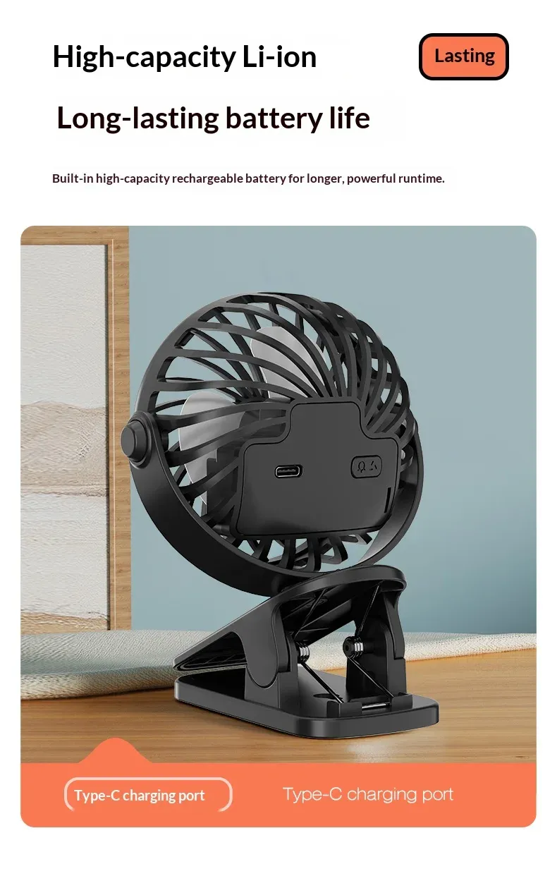 HOMEFISH Portable Rechargeable Clip Fan with 720° Rotation, Night Light, USB Charging - Ideal for Outdoor Camping, Office, Study showcase 14
